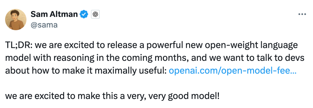 Altman Officially Announces Open Source: After GPT-2, We Will Release the First Open-Weight Model with Reasoning Capability