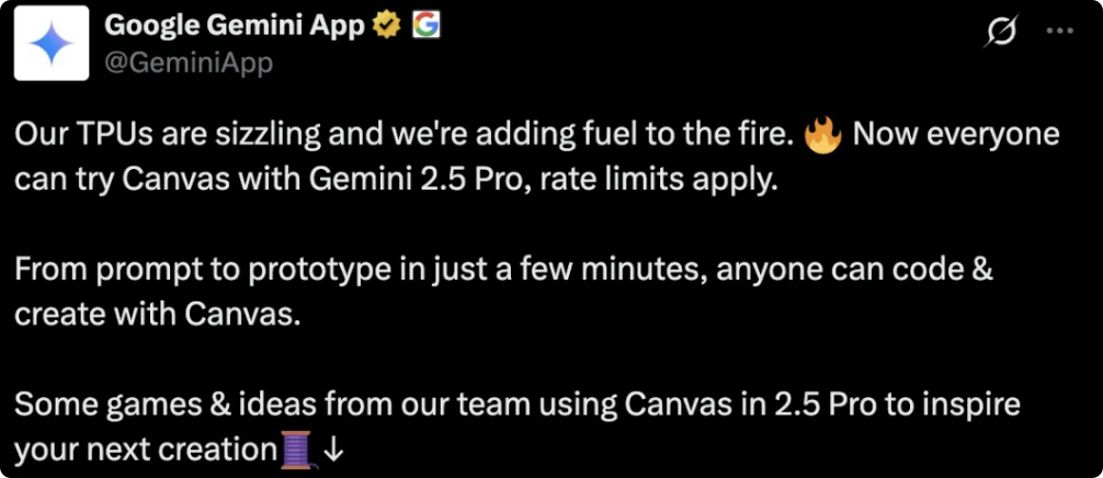 The Canvas of Gemini 2.5 Pro is now open to everyone! The AI war has escalated once again!