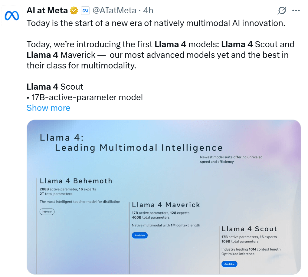 Meta open-sourced Llama 4 late at night! First use of MoE, amazing 10 million token contexts, surpassing DeepSeek in the arena