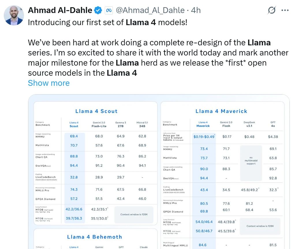 Meta open-sourced Llama 4 late at night! First use of MoE, amazing 10 million token contexts, surpassing DeepSeek in the arena