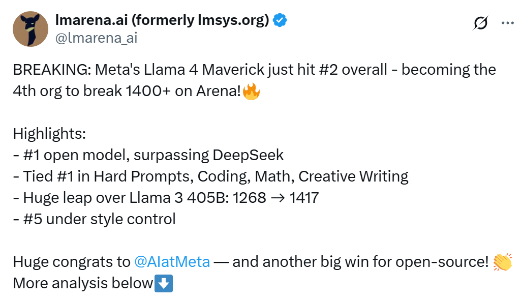 Meta open-sourced Llama 4 late at night! First use of MoE, amazing 10 million token contexts, surpassing DeepSeek in the arena