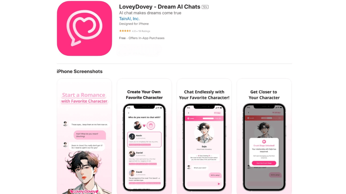 LoveyDovey – An AI social application for real-time conversations with customizable characters.