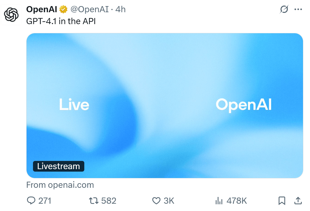 Just now, OpenAI has released GPT - 4.1! It supports up to one million tokens in context across the entire series, comprehensively outperforming GPT - 4o and with a lower price.