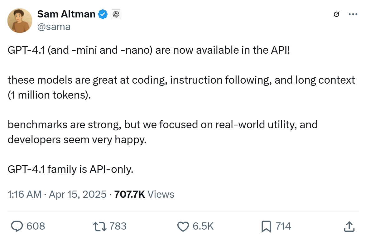 Just now, OpenAI has released GPT - 4.1! It supports up to one million tokens in context across the entire series, comprehensively outperforming GPT - 4o and with a lower price.