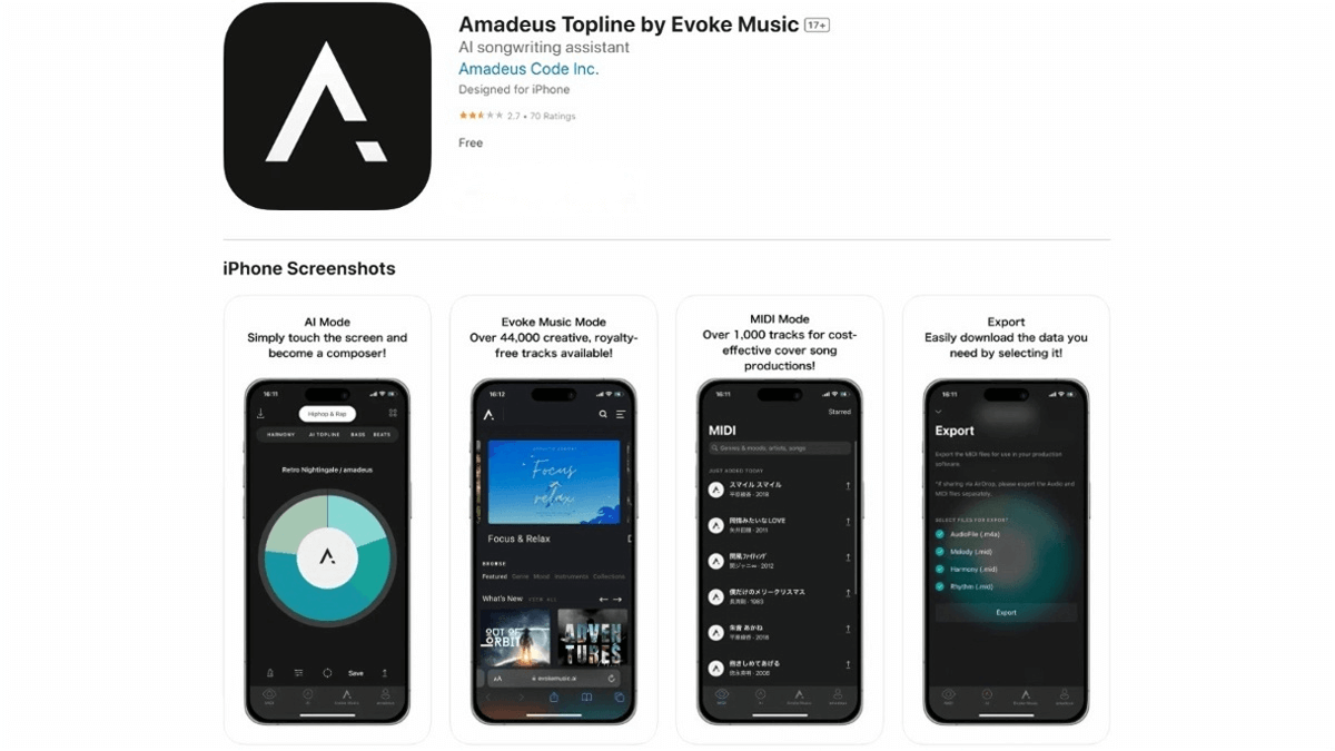 Amadeus Code – An AI music composition tool. Just tap the screen and the AI will automatically generate melodies.