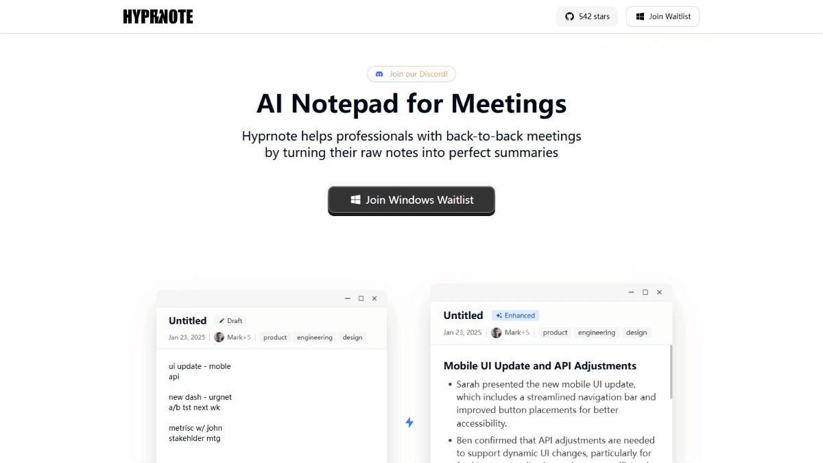 Hyprnote – Open-source AI meeting note tool, capable of real-time recording and automatic summary generation.