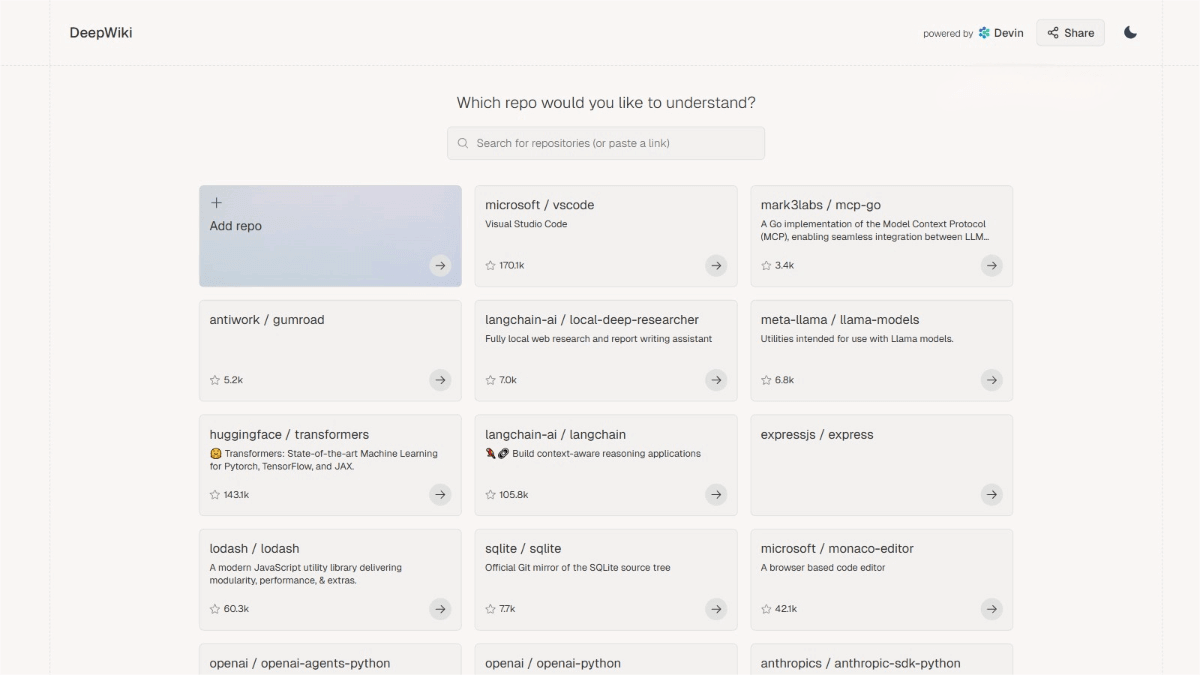 DeepWiki – An intelligent GitHub code repository reading assistant launched by the Devin team.