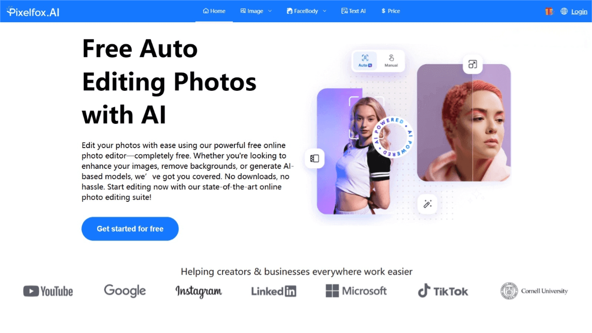 Pixelfox – A free AI image editing tool that supports features such as AI background removal, face swapping, and image enhancement
