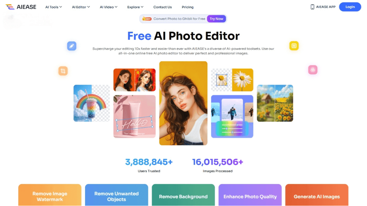 AI Ease – An AI photo editing tool that offers features such as watermark removal, background replacement, and hairstyle change