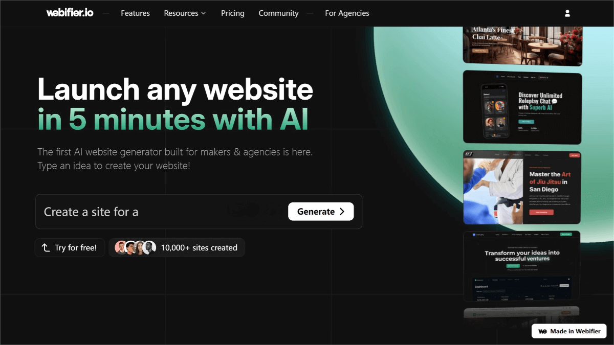 Webifier – An AI website building tool that generates complete landing pages from text prompts