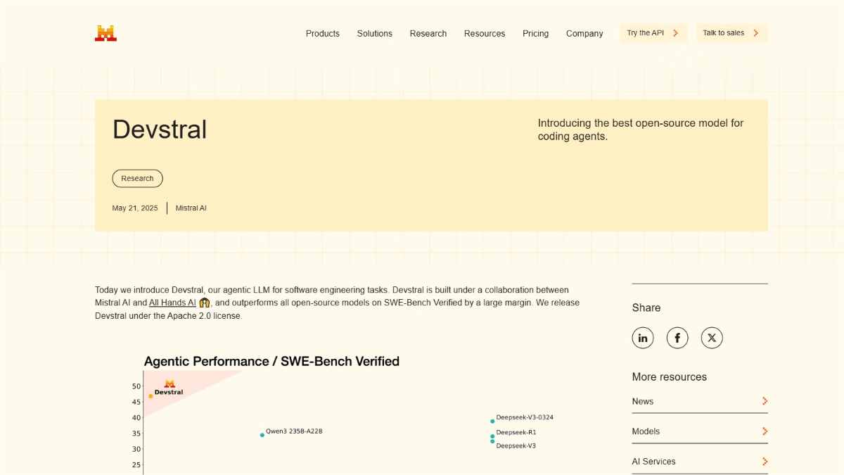 Devstral – A programming-specific AI model jointly open-sourced by Mistral AI and All Hands AI