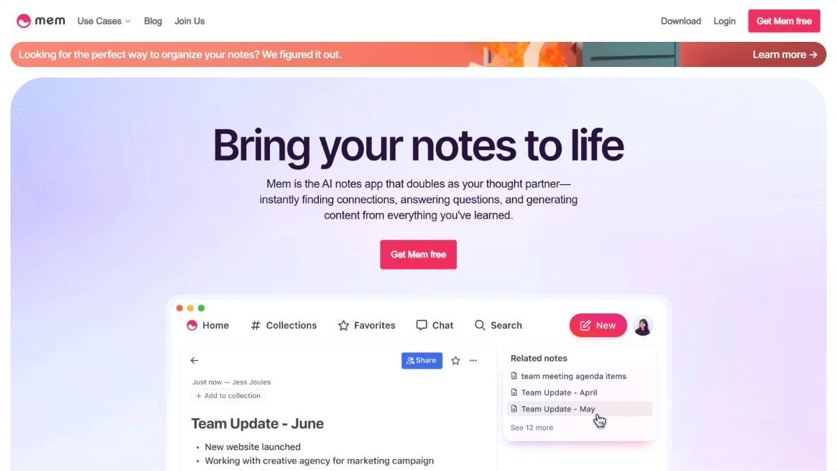 Mem – An AI note-taking app that automatically identifies connections between notes