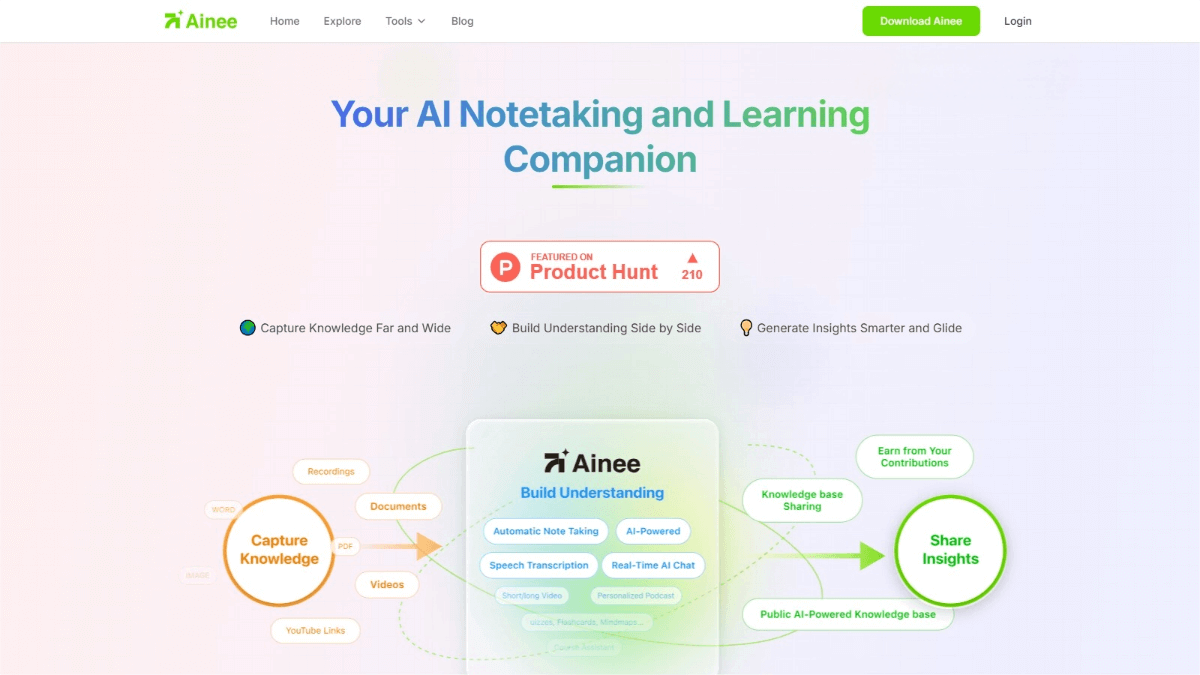 Ainee – An AI note-taking tool that automatically converts multi-source content into structured notes