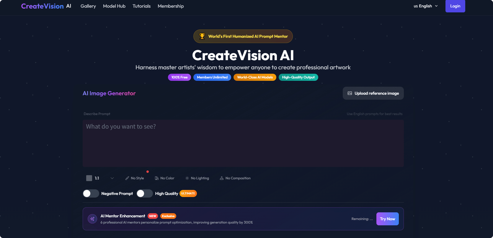 CreateVision AI – An AI image generation platform with precise control over style, color, and lighting