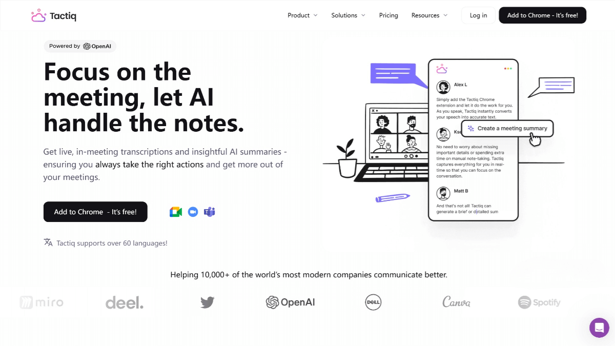 Tactiq – An AI meeting note tool that provides real-time transcription and automatically generates summaries