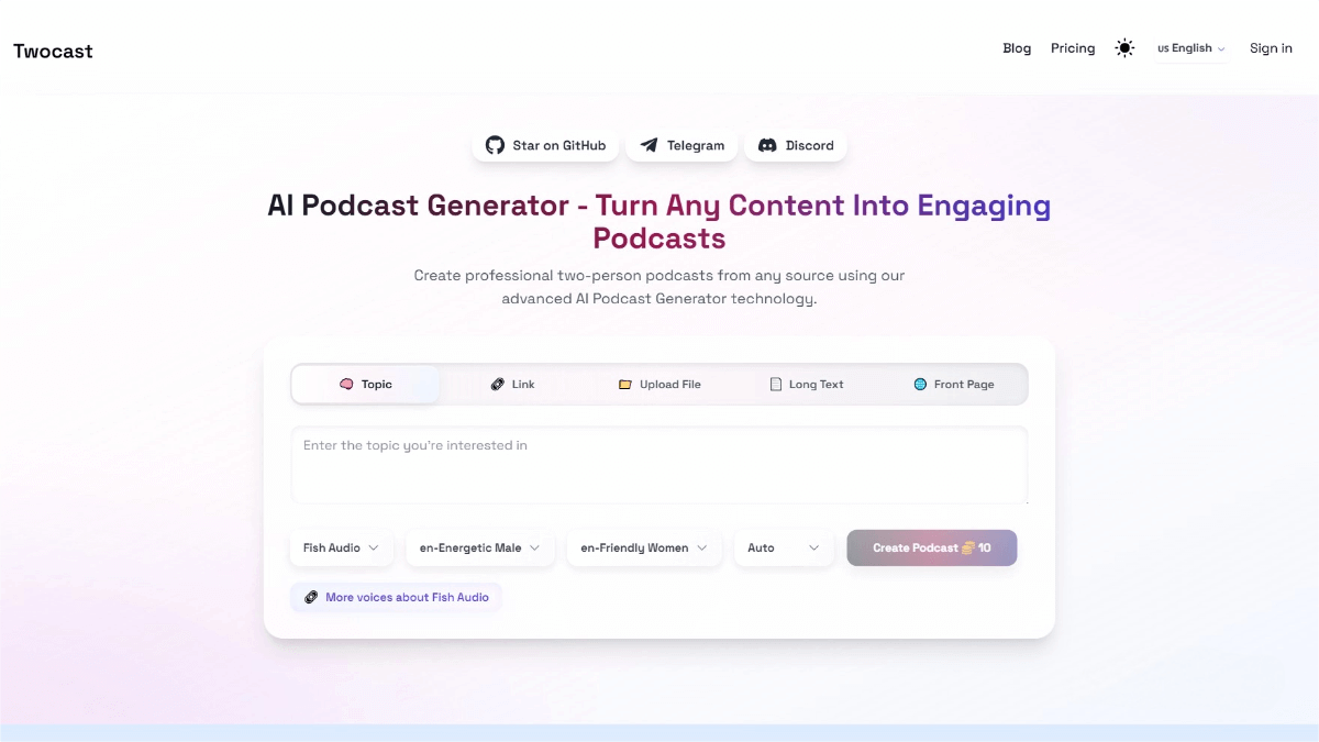 Twocast – An AI-powered podcast generator that simulates realistic two-person conversations