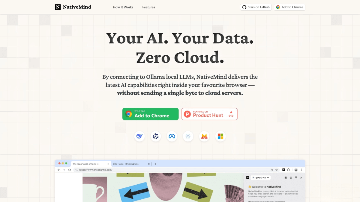 NativeMind – An open-source local AI assistant offering intelligent conversations, content analysis, writing assistance, and more