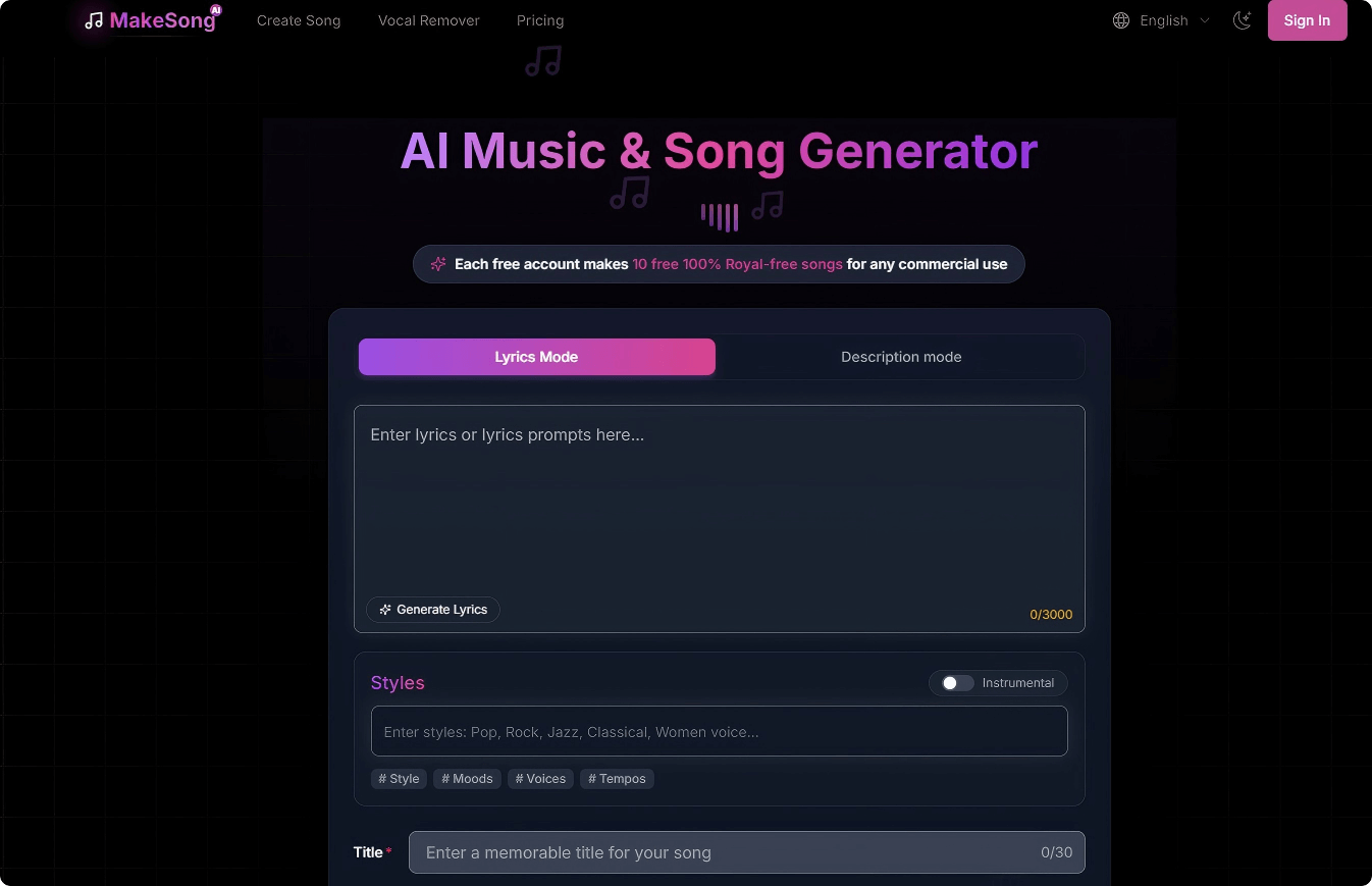 MakeSong – A Free AI Song Generator Supporting Multiple Music Styles