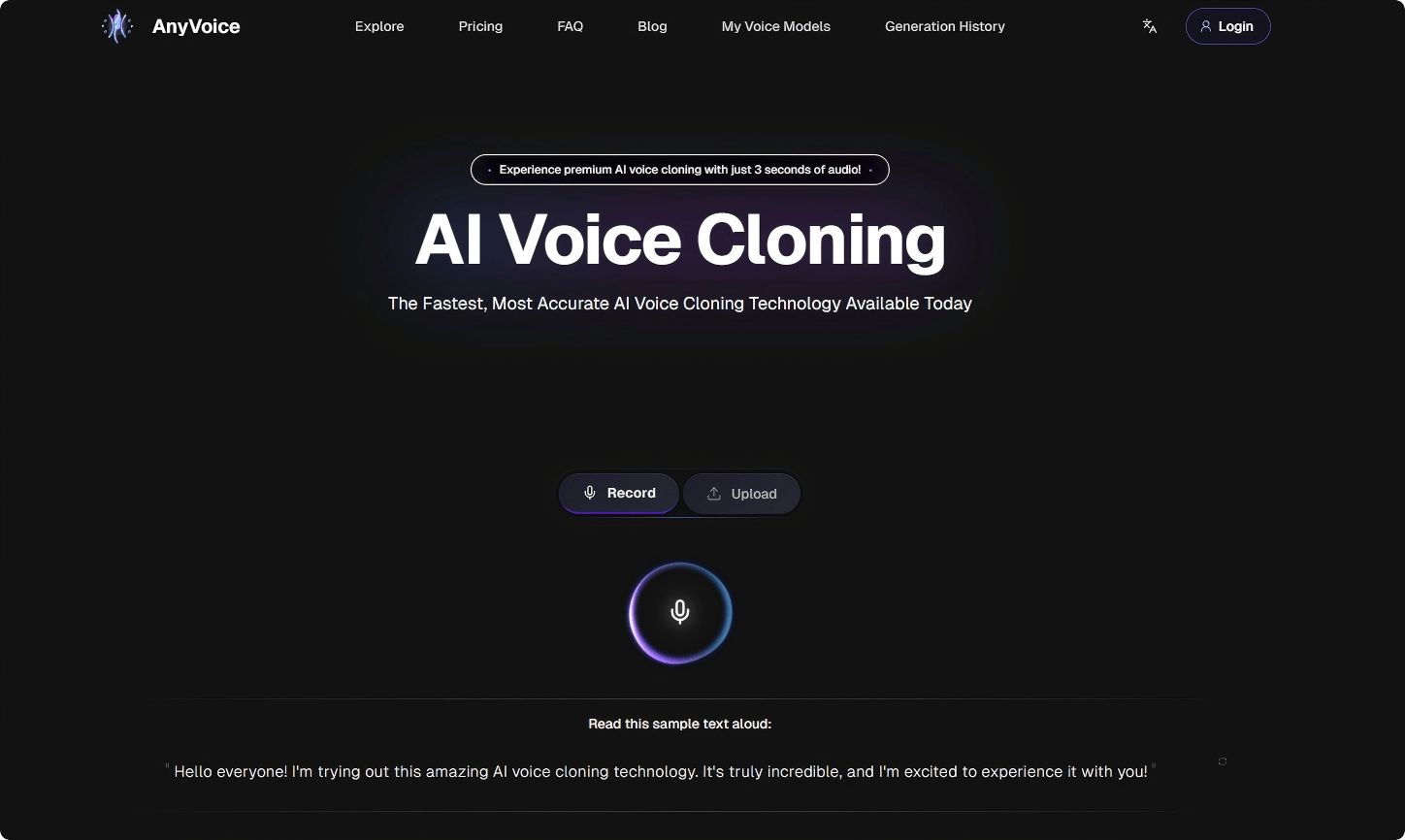 AnyVoice – An AI voice cloning platform that creates highly realistic voice models in just 3 seconds