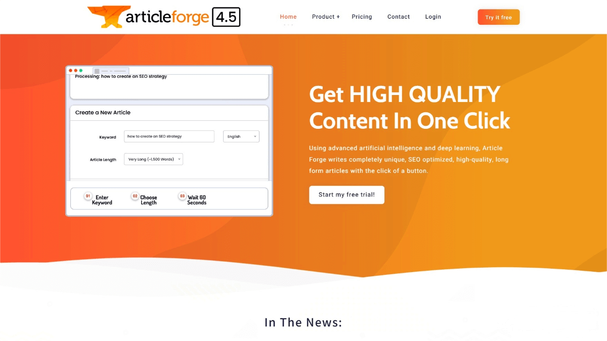 Article Forge – AI content generation tool that automatically writes articles based on input keywords and desired length