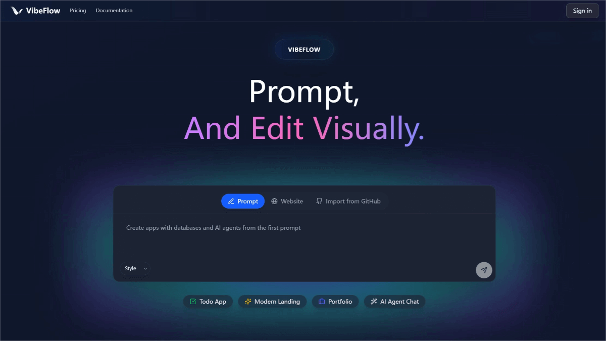 VibeFlow – An AI-powered no-code development platform for building full-stack web applications using natural language