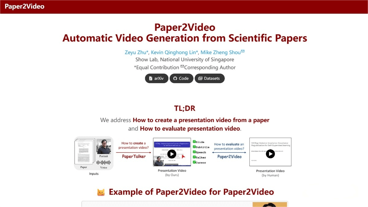 Paper2Video – An academic paper-to-presentation video generation project developed by the National University of Singapore