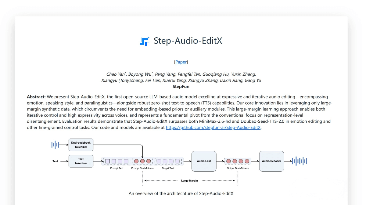 Step-Audio-EditX – An open-source audio-editing large model developed by StepStar