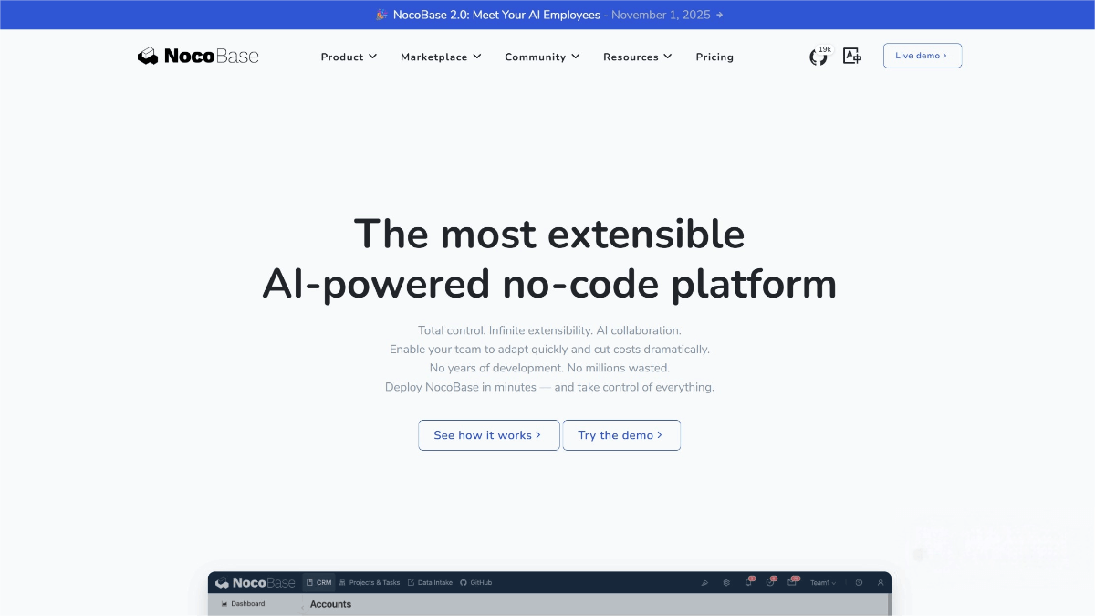 NocoBase – an open-source, AI-powered no-code development platform that enables application building through configuration