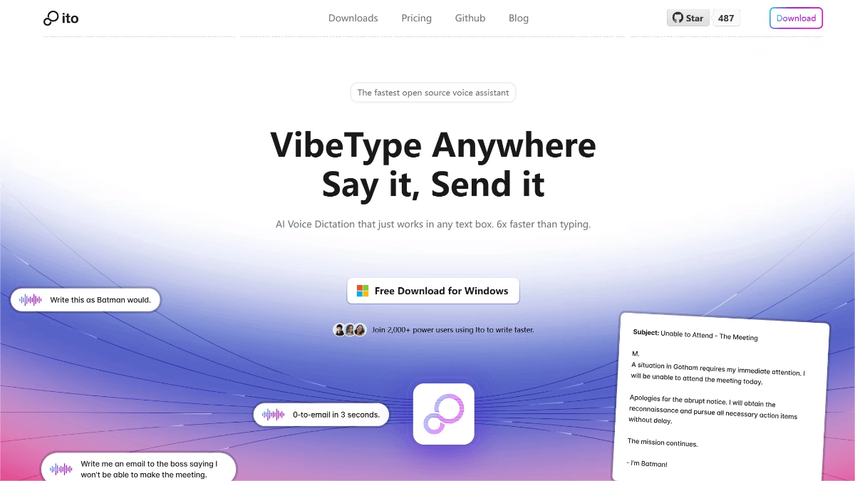 Ito is an open-source AI speech-to-text tool that can convert spoken intents into text